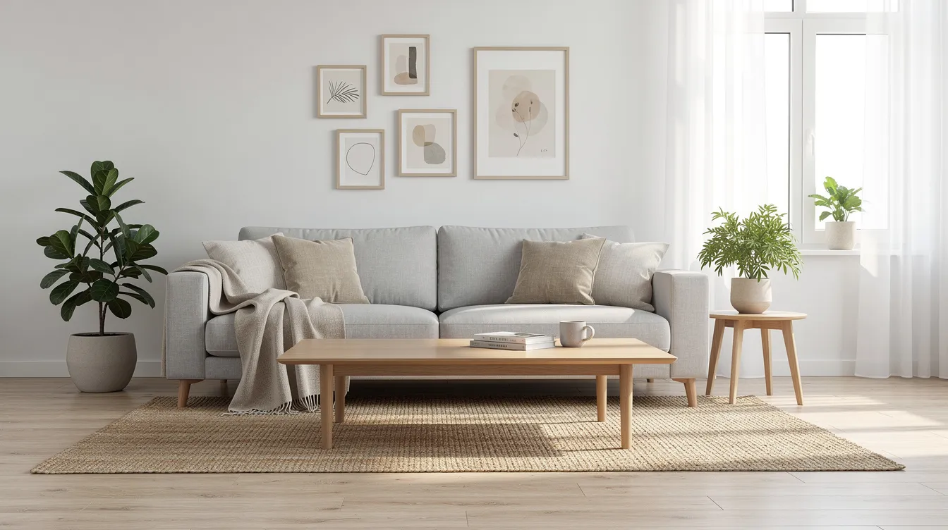 Ett modernt skandinaviskt vardagsrum med en grå 3-sits soffa som är både mjuk och bekväm. Rummet är inrett med naturliga material och ger en stilren känsla, där soffan passar bra in i helheten.