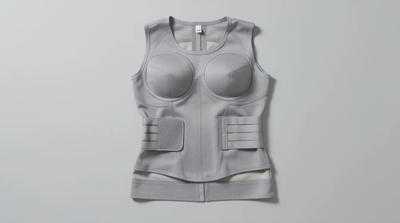 The image shows a medical compression garment for the torso laid flat on a neutral background, designed to aid in the recovery process following liposuction surgery. This garment is essential for reducing swelling and supporting the body's healing process after procedures like tummy tuck or liposuction, helping to contour the body and improve skin elasticity.