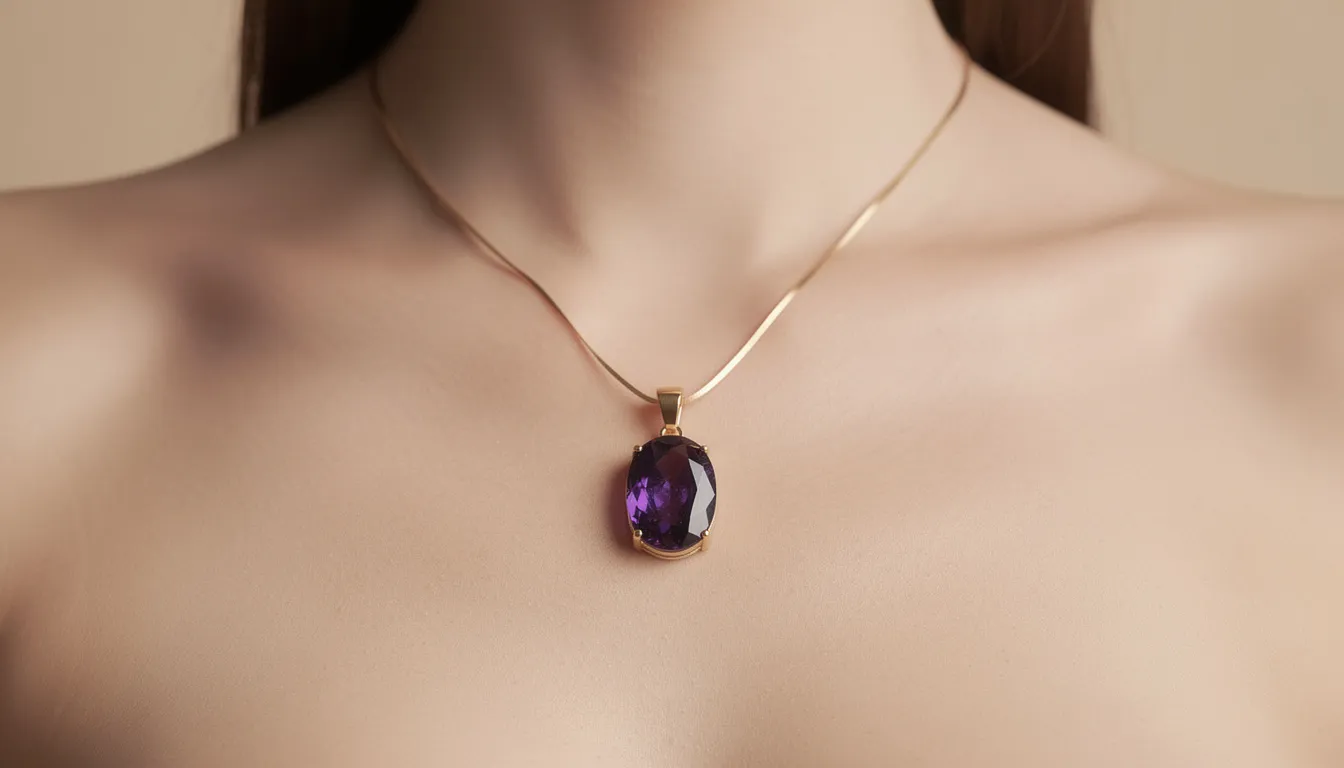 A woman is wearing a delicate amethyst pendant necklace on a gold chain, showcasing the deep purple color of the February birthstone against a neutral background. The amethyst jewelry exudes timeless elegance and highlights the beauty of this precious gemstone.