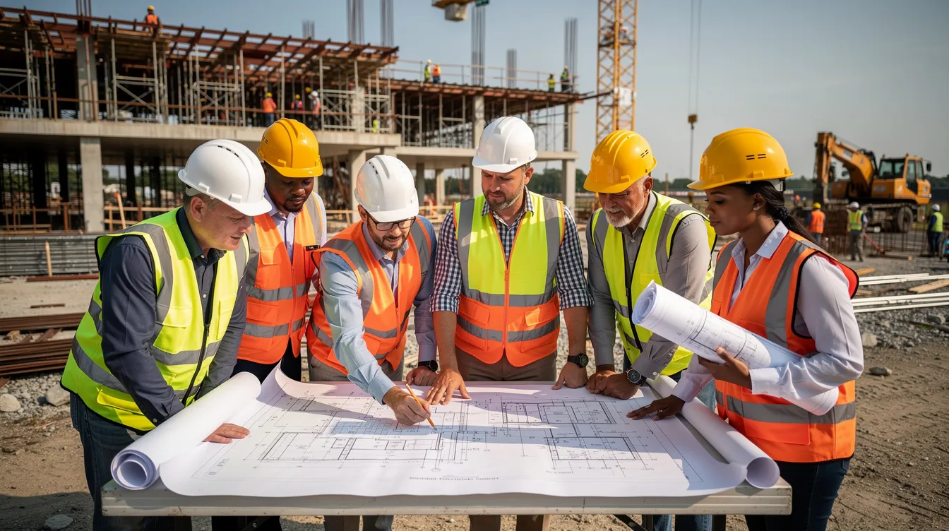 Construction team members at a commercial jobsite review project plans while discussing named project leadership roles.