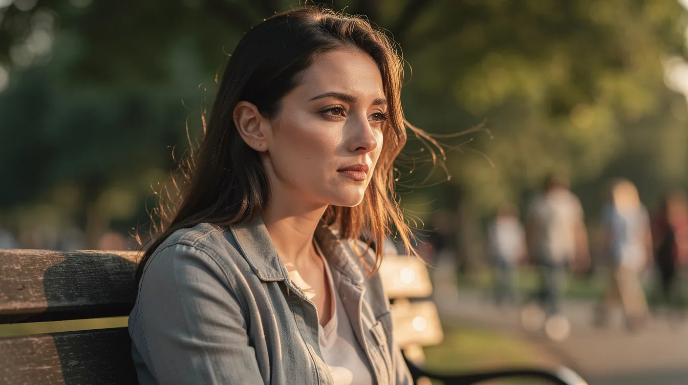 Eine nachdenkliche Frau sitzt auf einer Parkbank im warmen Nachmittagslicht, umgeben von verschwommenen Bäumen und Spaziergängern. Ihr Ausdruck spiegelt die Themen von Greta Gerwigs "Barbie"-Film wider, in dem gesellschaftliche Klischees und Geschlechterrollen kritisch hinterfragt werden.