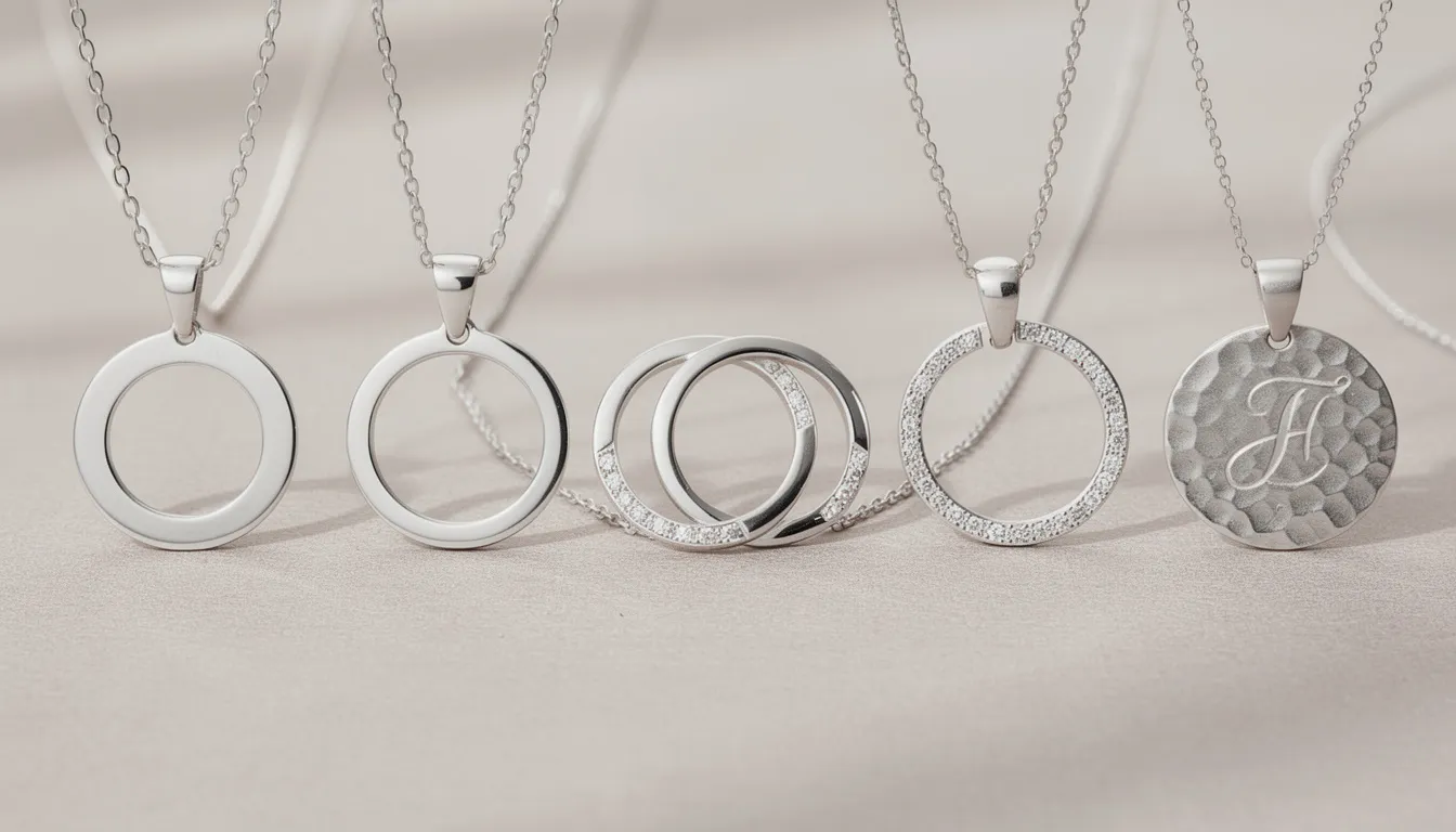 The image features a collection of sterling silver circle pendants in various styles, including minimalist open circles and textured designs. These beautiful pendants symbolize unity and eternity, making them perfect gifts for loved ones.