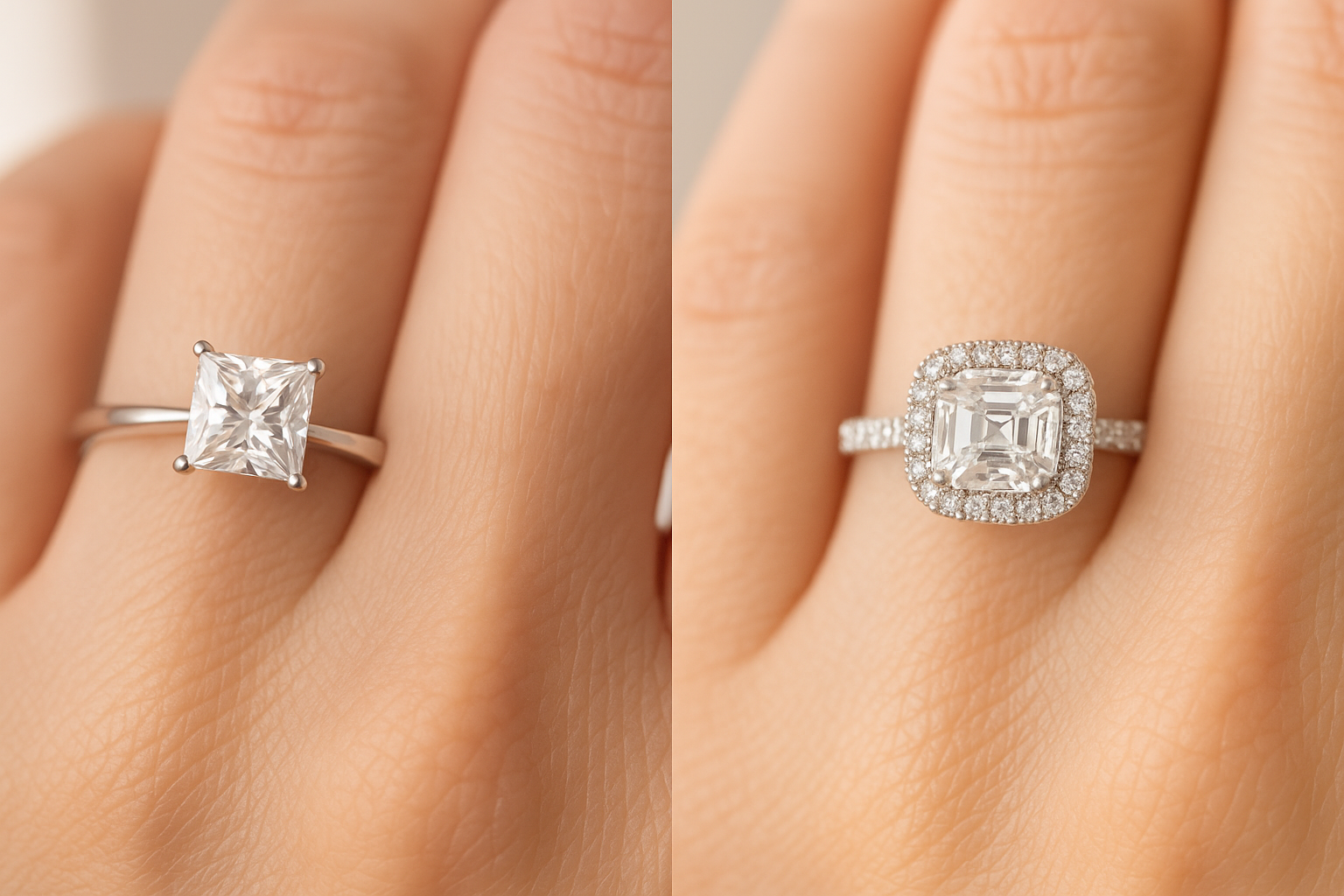 Sužadėtuvių žiedas su Asscher formos deimantu ir mažų briliantų halo.