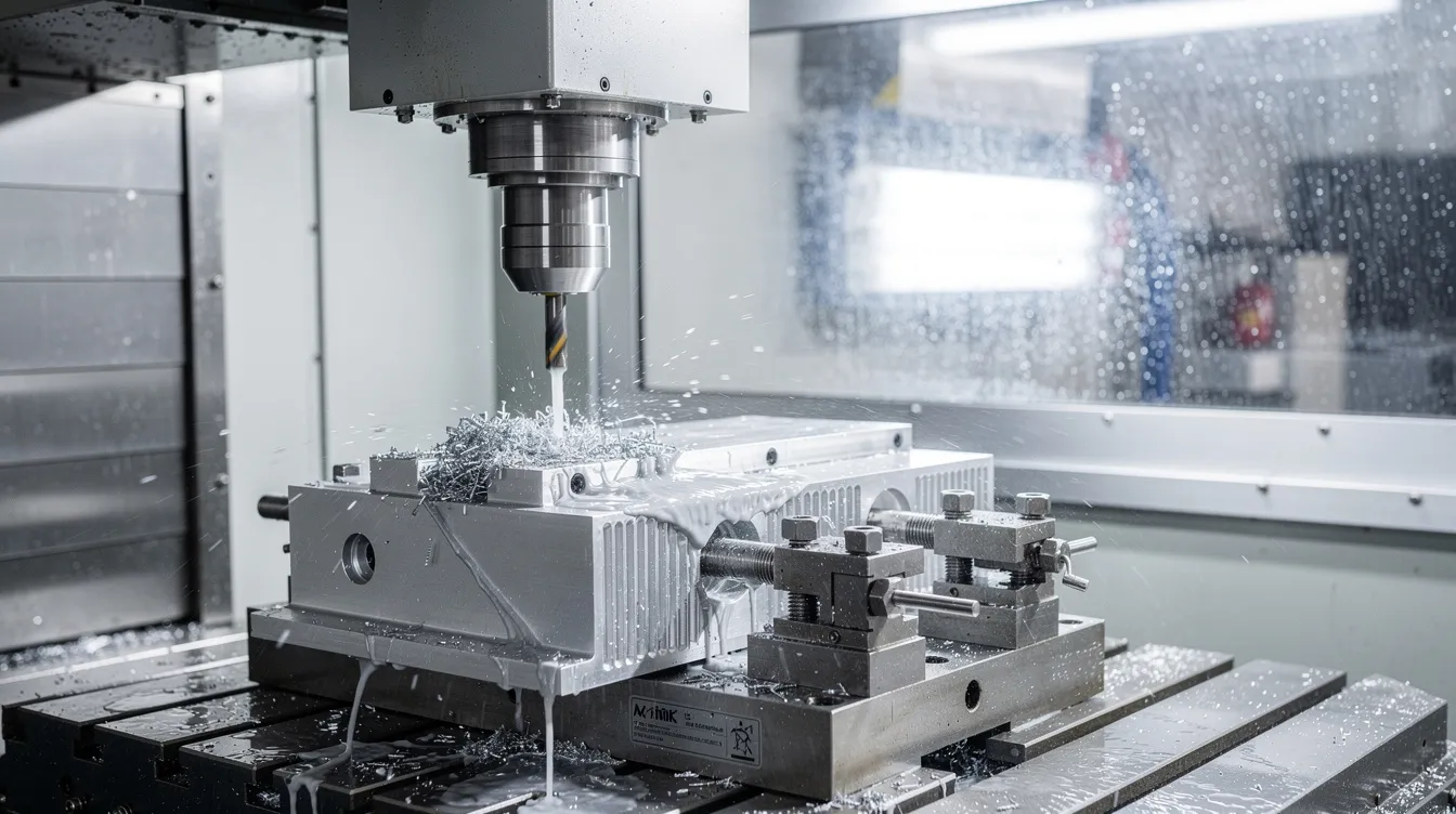The image depicts a modern CNC machining center actively precision-milling an aluminum part while coolant flows over it, showcasing the intricate aluminum die casting process. This advanced technology highlights the importance of high precision in the production of aluminum casting parts within the aluminum die casting industry.