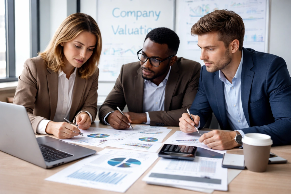 Three professionals in a business attire collaborate around a table, reviewing charts and documents, showing how people work in a business valuation company.