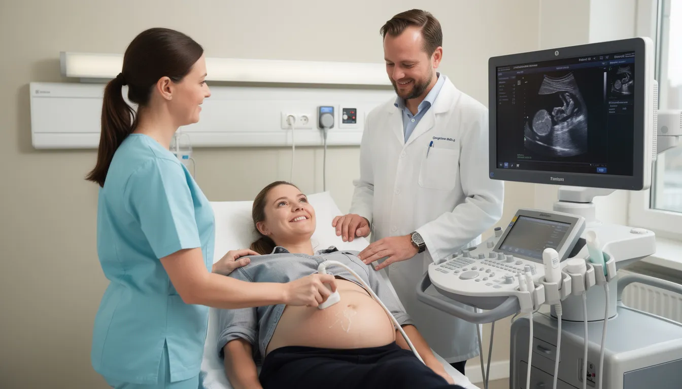 En gravid kvinna ligger på en undersökningsbänk medan medicinsk personal utför en ultraljudsundersökning av hennes mage. Läkaren använder ljudvågor för att få bilder av fostret och inre organ, vilket ger viktig information om graviditeten.