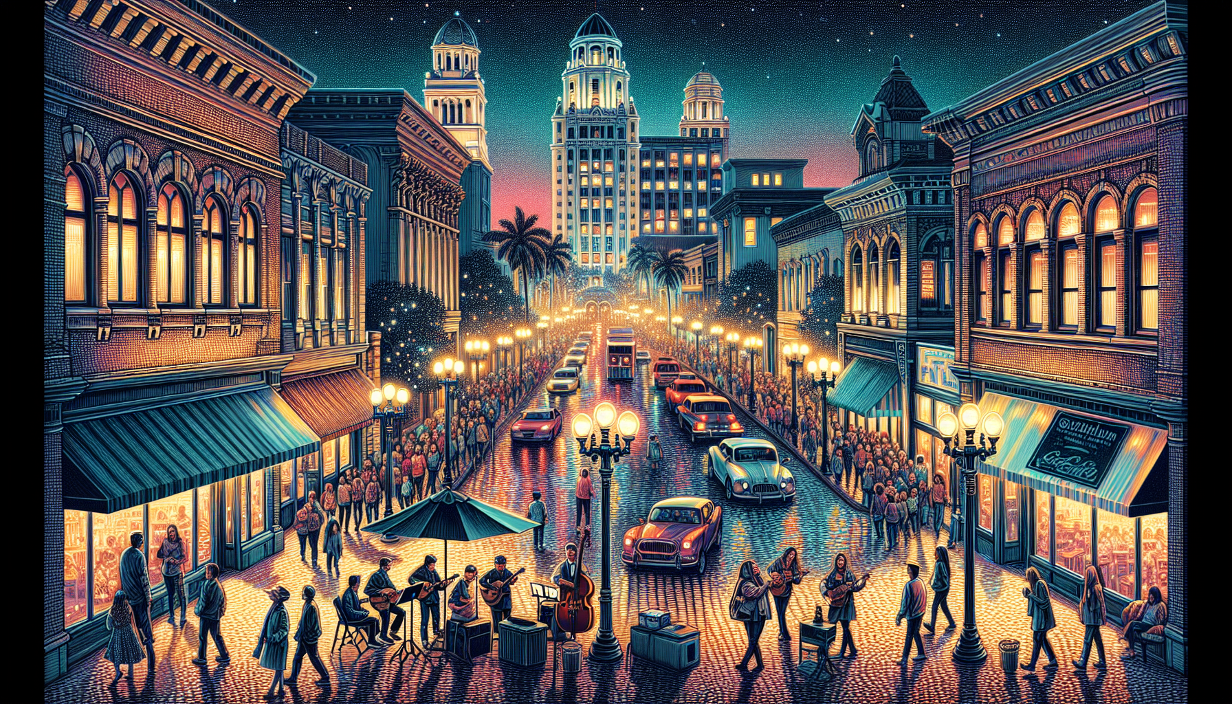 Illustration of vibrant downtown Fullerton at night