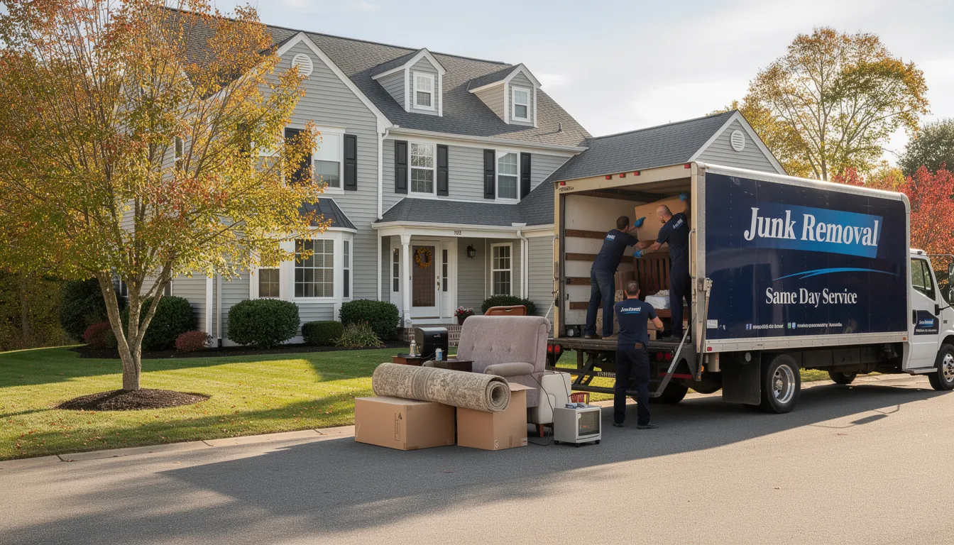 A professional junk removal crew is seen efficiently loading unwanted items into a truck in front of a Connecticut home. This full-service team specializes in junk hauling, ensuring responsible disposal practices for excess junk, including old furniture and yard waste, while providing a stress-free experience for customers.