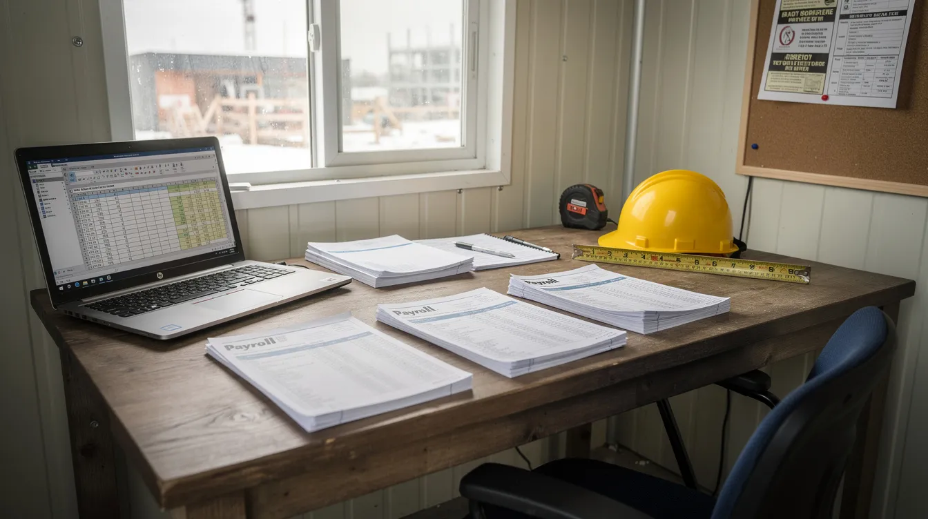 Desk inside a construction trailer with payroll forms, a laptop, and a hard hat.