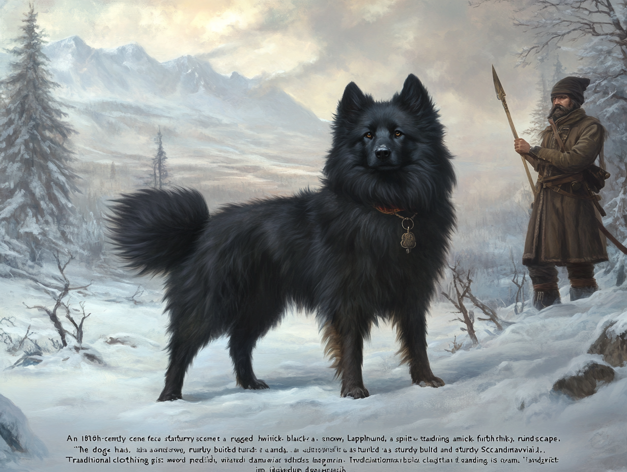 An historical image of a Swedish Lapphund with a Sami hunter