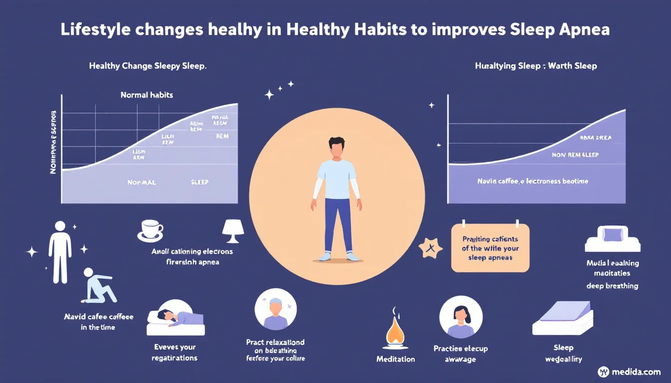 An illustration of lifestyle changes to improve sleep apnea, featuring healthy habits.