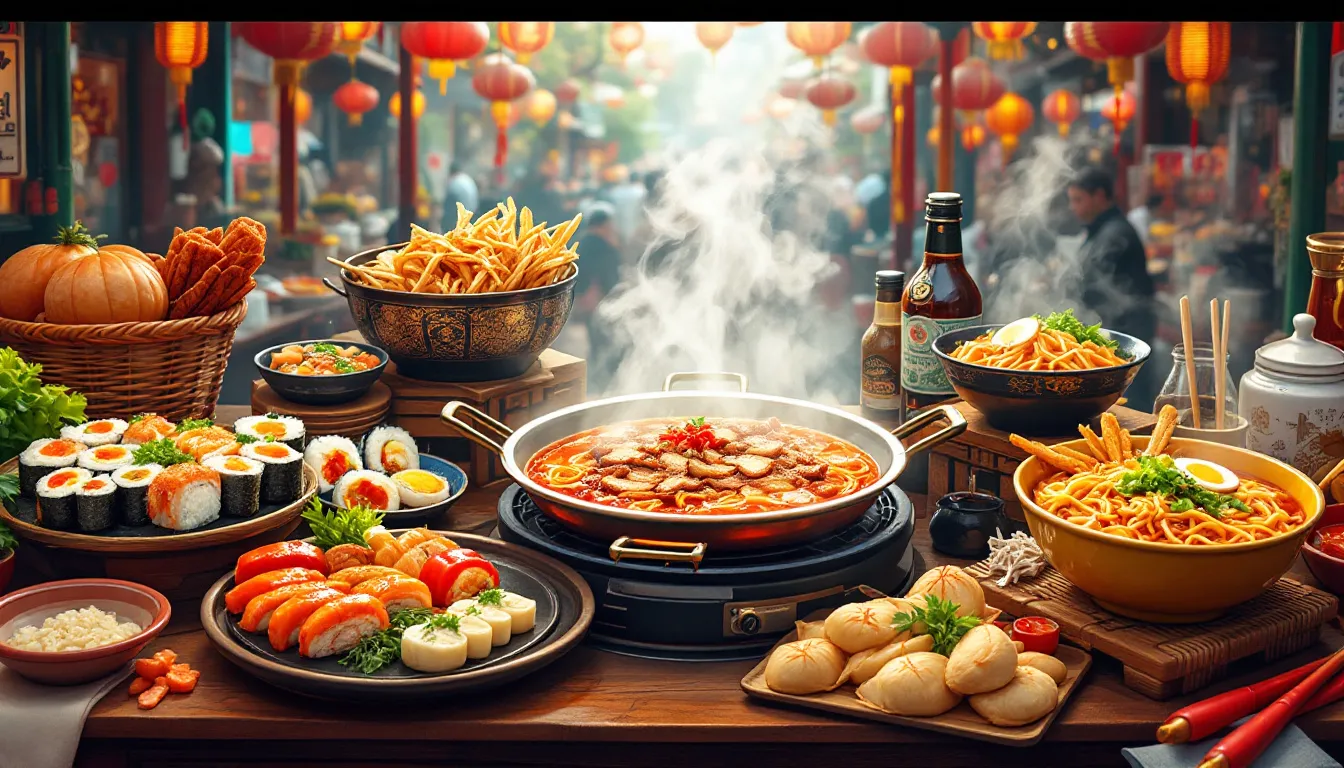 A selection of special Chinese dishes, including sushi and ramen, ready to be served.