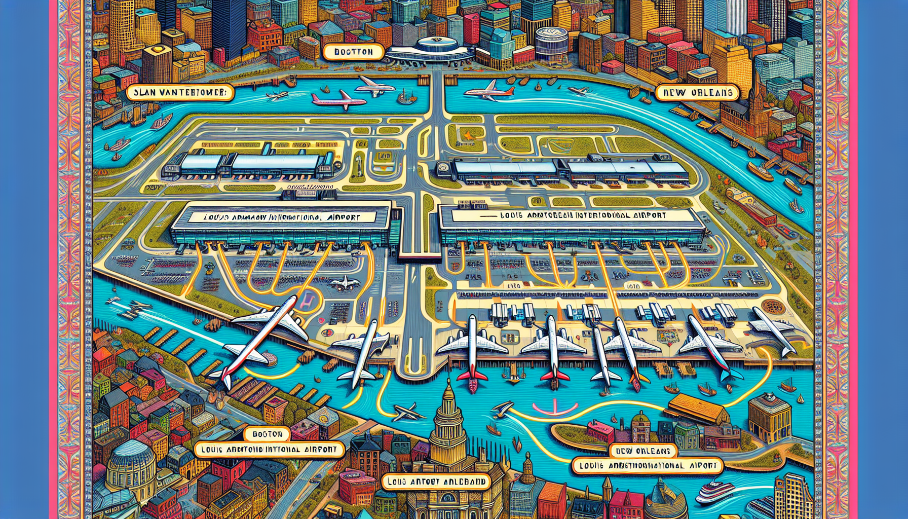 Illustration of popular airports near Boston and New Orleans.