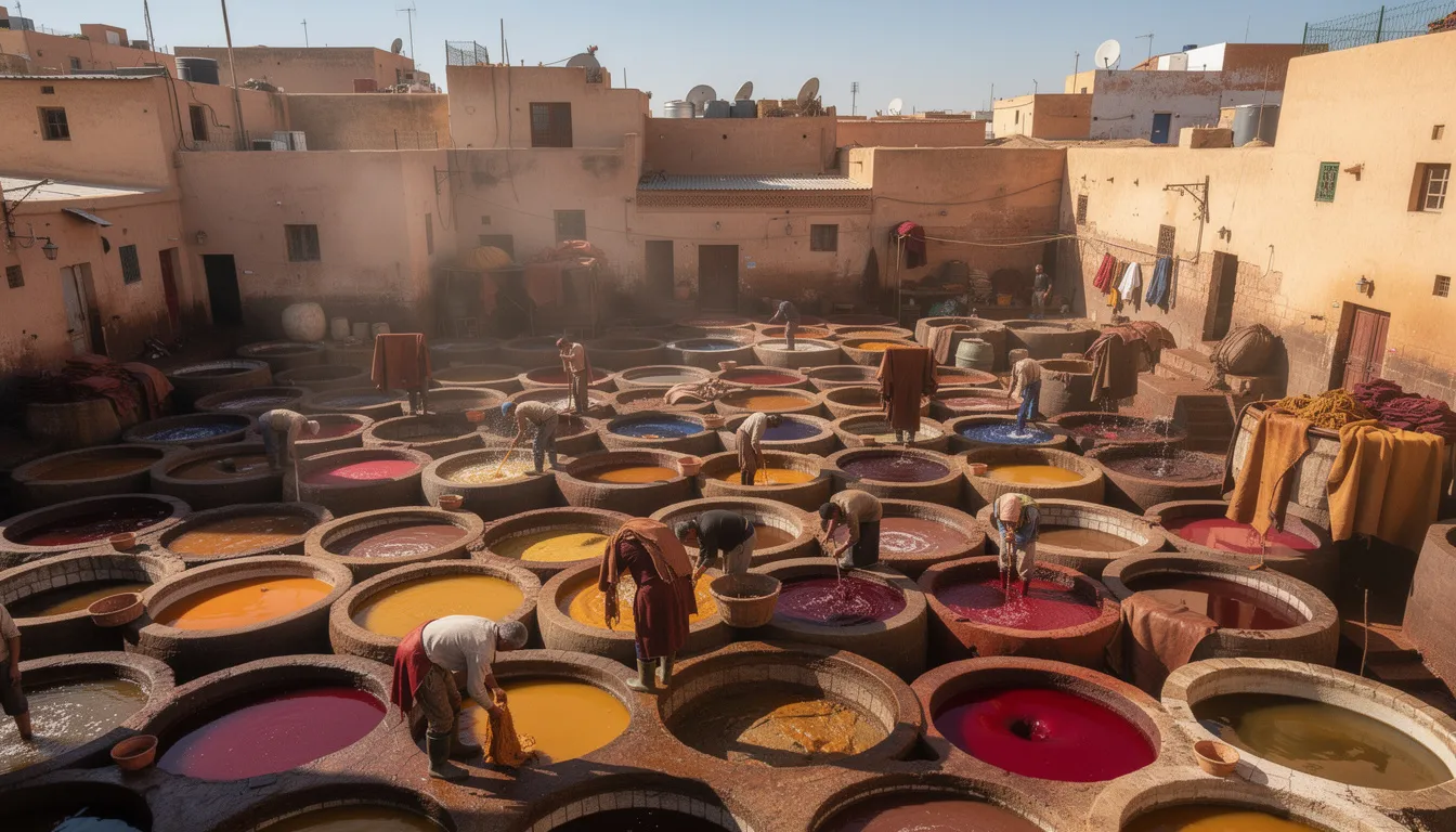 The image depicts a traditional Moroccan tannery bustling with workers, surrounded by vibrant dyeing vats filled with rich colors. This scene captures the essence of Fez, where ancient medinas and local craftsmanship come together, offering a glimpse into Morocco's rich culture and history.