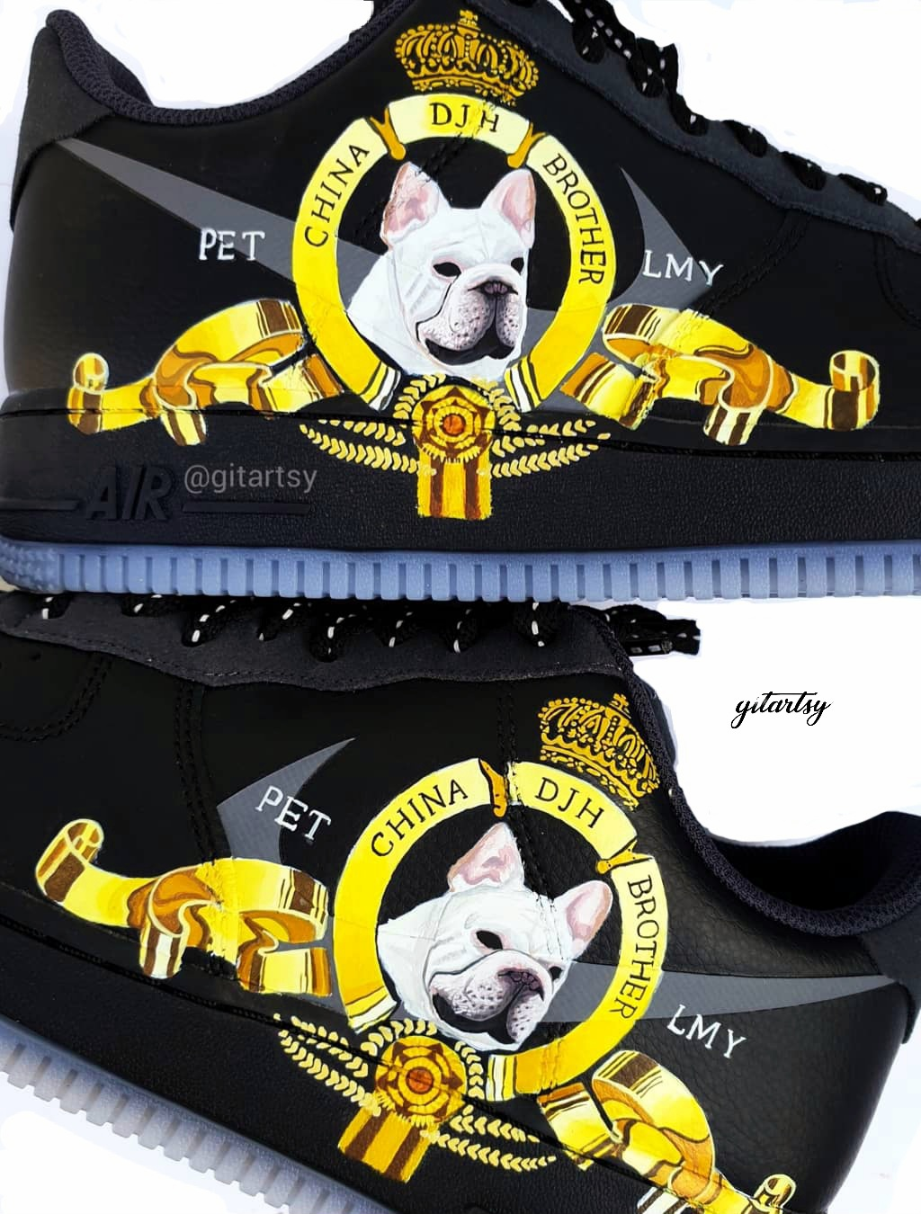 Hand painted custom Nike AF1 black sneakers with pet puppy and gold crown border