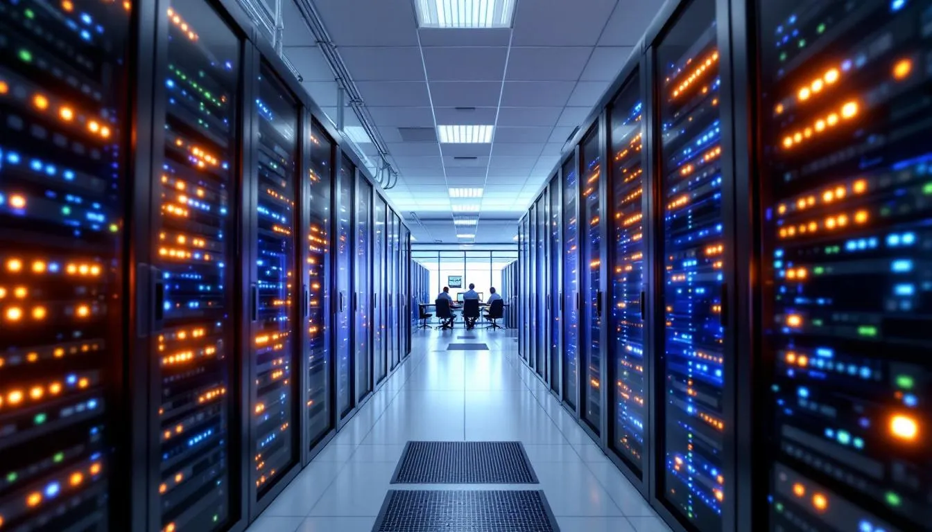 The image depicts a modern data center filled with rows of servers and advanced cloud infrastructure, showcasing the powerful capabilities of data processing and integration. This environment is designed for managing large datasets, allowing users to automate data pipelines and leverage tools like Alteryx and Snowflake for seamless data warehousing and analytics.