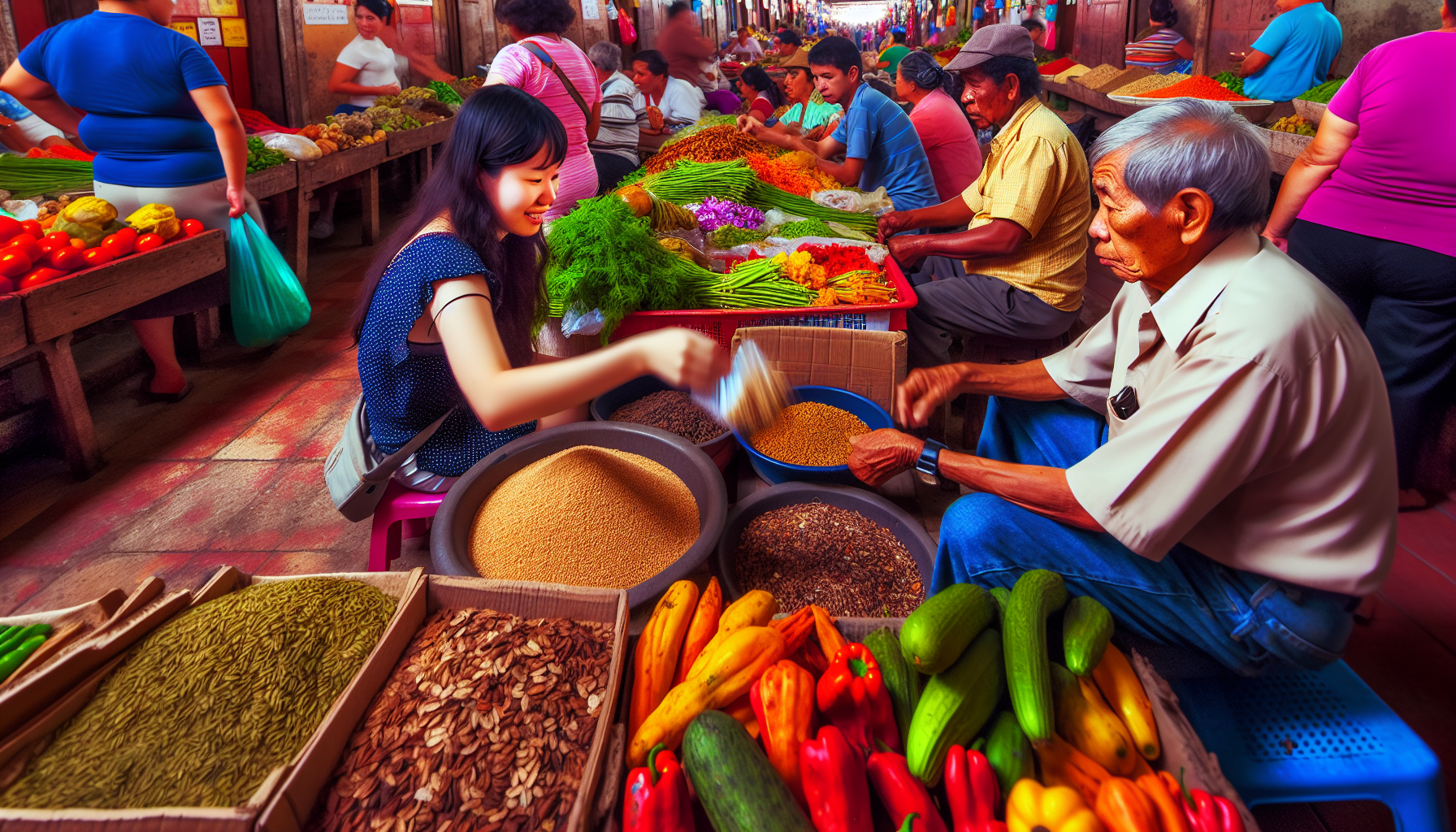 A traditional Costa Rican market with various ingredients for Arroz Campesino
