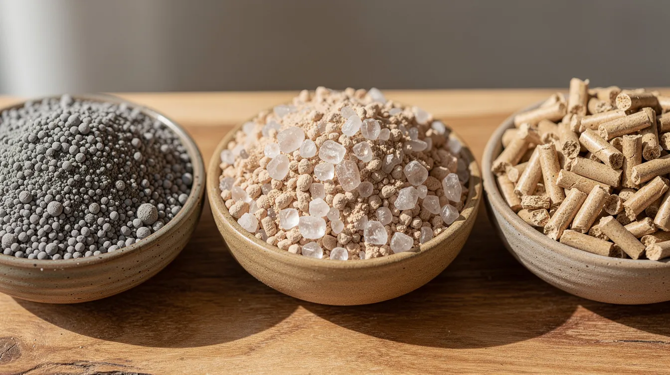 The image shows a close-up view of three small bowls, each filled with different types of cat litter granules, displayed side by side on a wooden surface. The varieties include clumping cat litter, silica cat litter, and a natural alternative, highlighting the diverse options available for cat owners when choosing the best cat litter for their litter boxes.