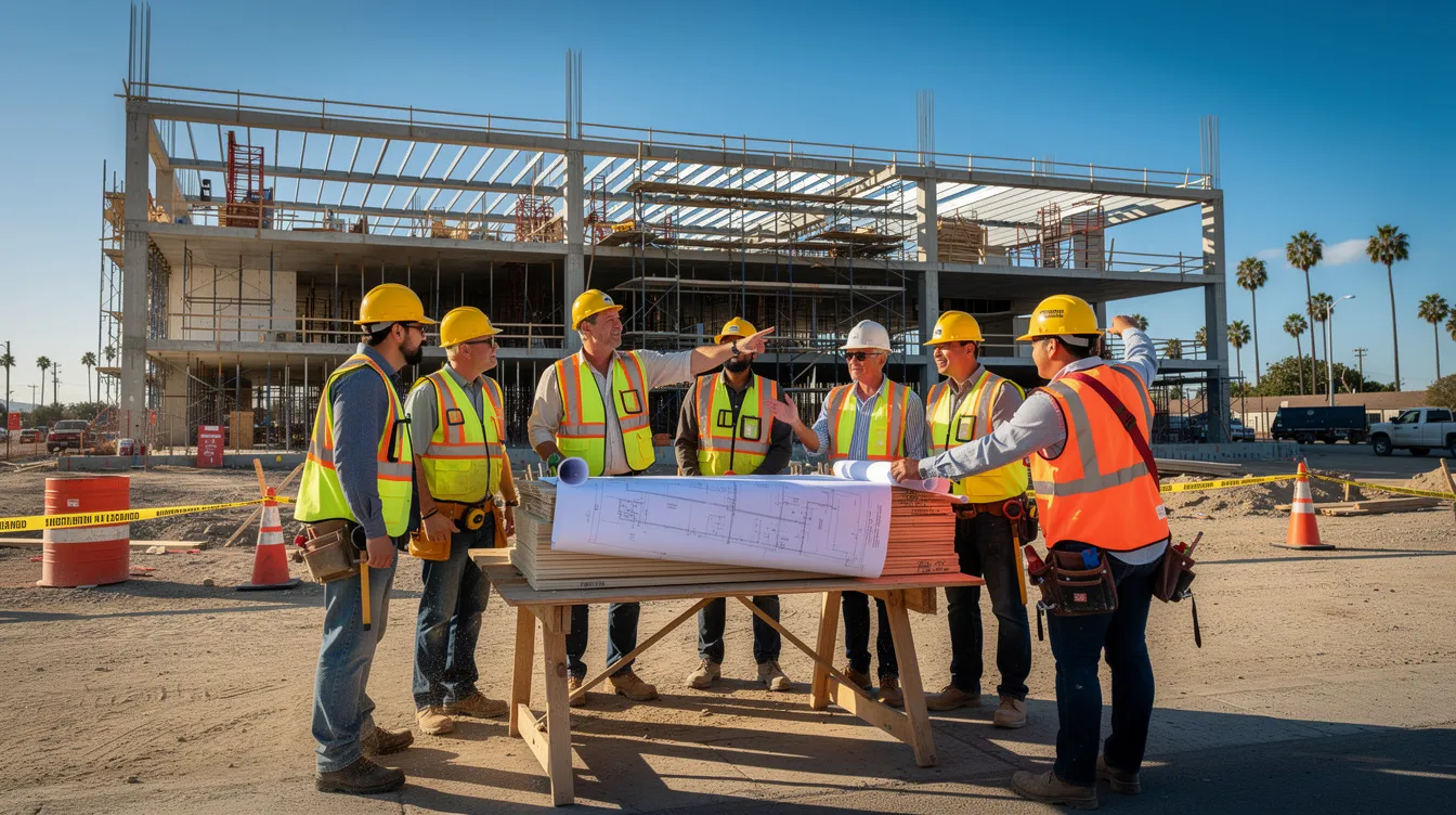 A group of construction workers, all wearing hard hats and bright safety vests, are actively collaborating on a commercial building job site in Southern California. This teamwork reflects the importance of apprenticeship programs and adherence to prevailing wage requirements within the construction industry.