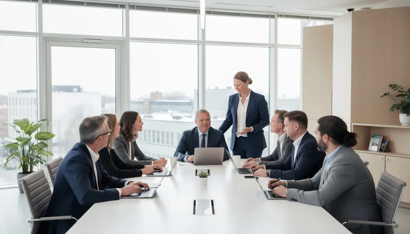 Kuvassa suomalaiset liiketoimintaihmiset kokoontuvat modernissa toimistossa, keskustellen kannettavan tietokoneen ympärillä. Kirkas ja ammattimainen ympäristö tukee asiakaskokemuksen kehittämistä ja yhteistä oppimista.