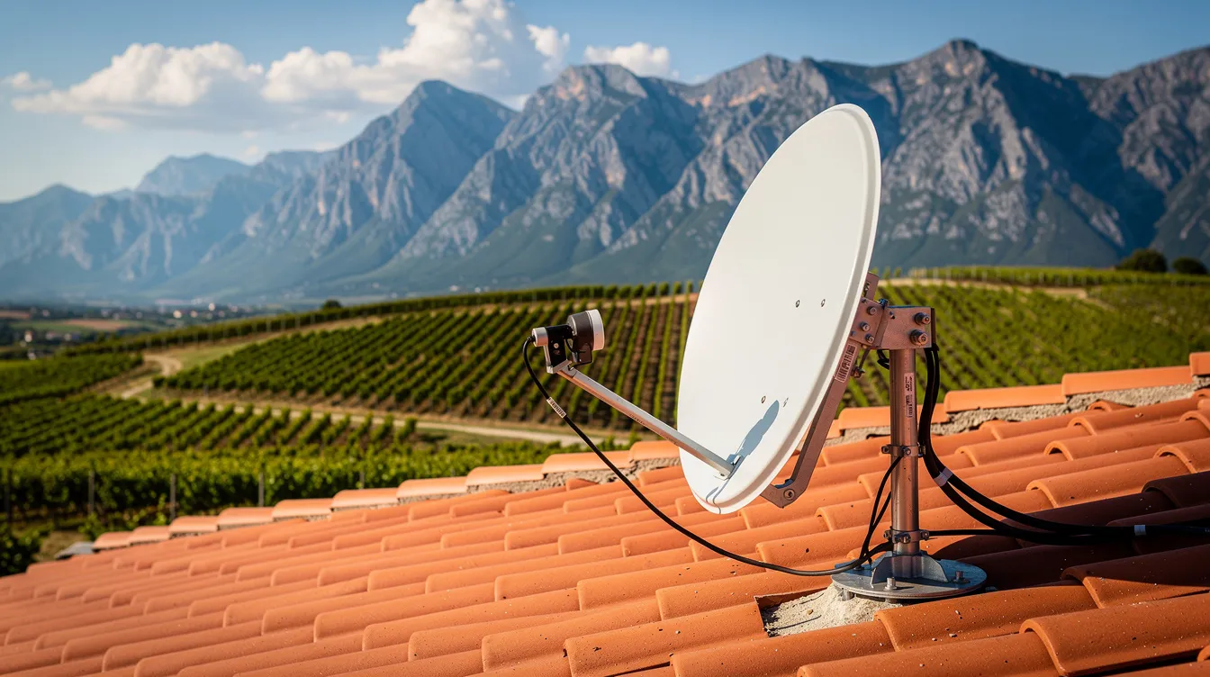 A satellite dish is mounted on a rooftop, overlooking picturesque mountains and expansive vineyards in Stellenbosch. This professional DSTV installation showcases the beautiful landscape, highlighting the connection between home entertainment and the surrounding winelands.