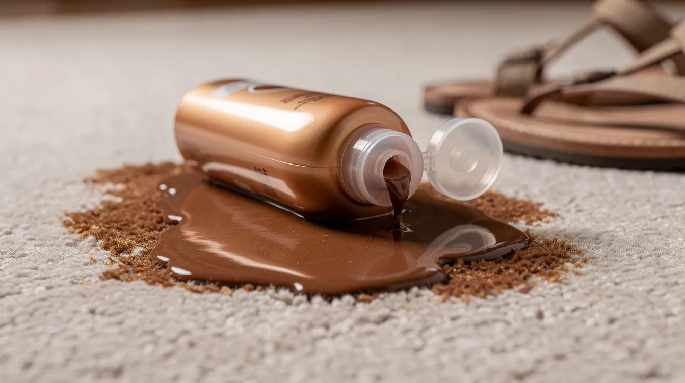 A tipped-over bottle of self-tanning lotion spills on a carpeted floor, creating a potential carpet stain next to a pair of sandals. This scene highlights the importance of using effective carpet stain removers to tackle fresh stains from self-tanning products.