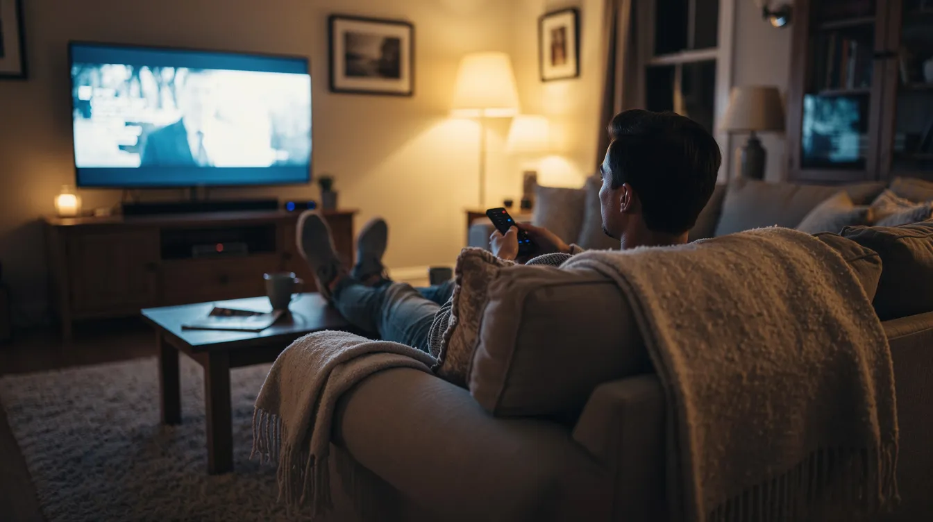 A person is lounging on a cozy couch, holding a remote control while enjoying a large smart TV in a warm living room. The scene suggests a relaxing atmosphere perfect for watching live TV channels or streaming movies through an IPTV service.