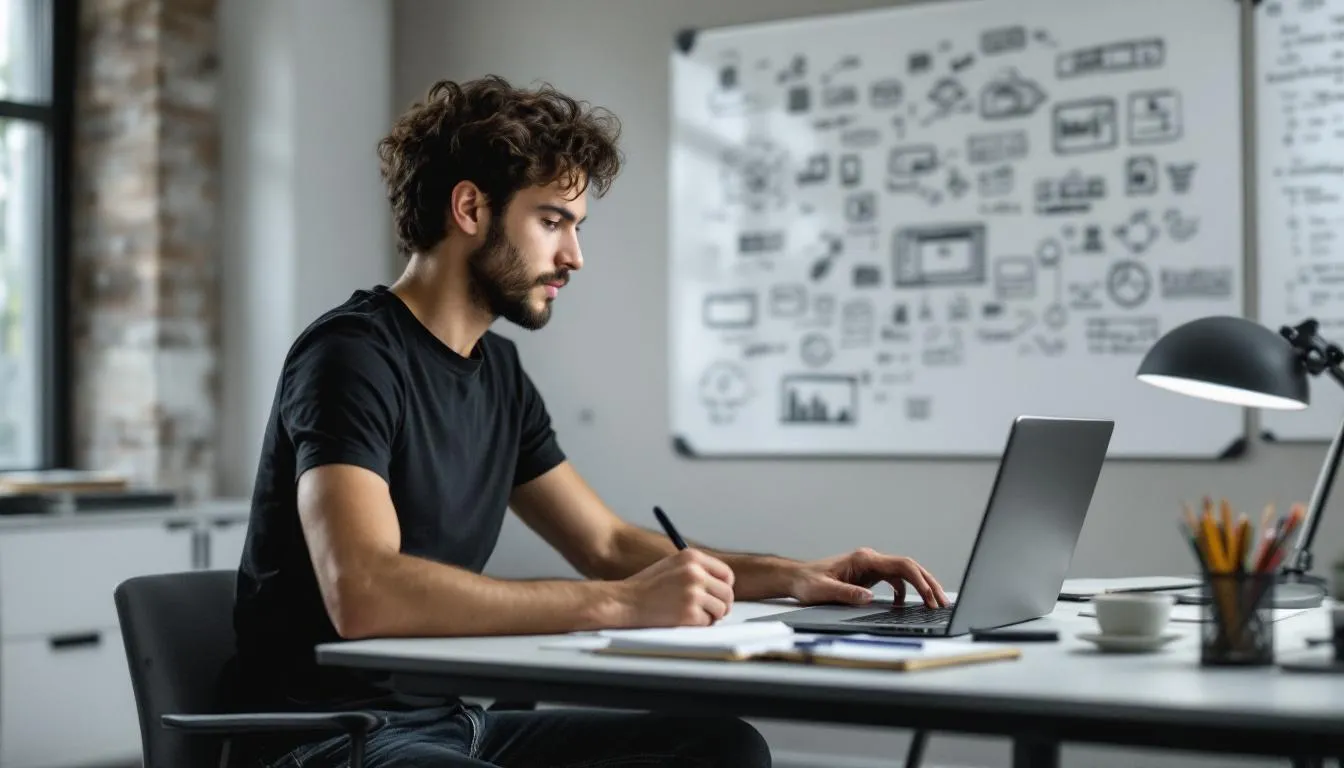 Eine Person sitzt an einem Laptop und arbeitet an innovativen Geschäftskonzepten, um ihre passende Geschäftsidee zu finden. Umgeben von Notizen und kreativen Materialien, reflektiert sie über Möglichkeiten der Unternehmensgründung und die Trends im Markt.