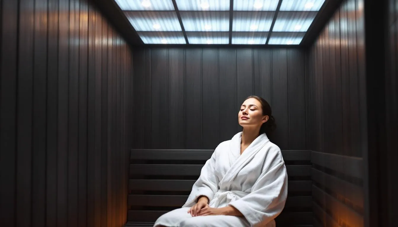 The image depicts a full-spectrum infrared sauna, showcasing its sleek wooden design and spacious interior, where users can experience the therapeutic benefits of infrared sauna therapy. Unlike traditional saunas, this infrared sauna uses infrared wavelengths to directly heat the body, promoting improved circulation, pain relief, and overall health benefits during a sauna session.