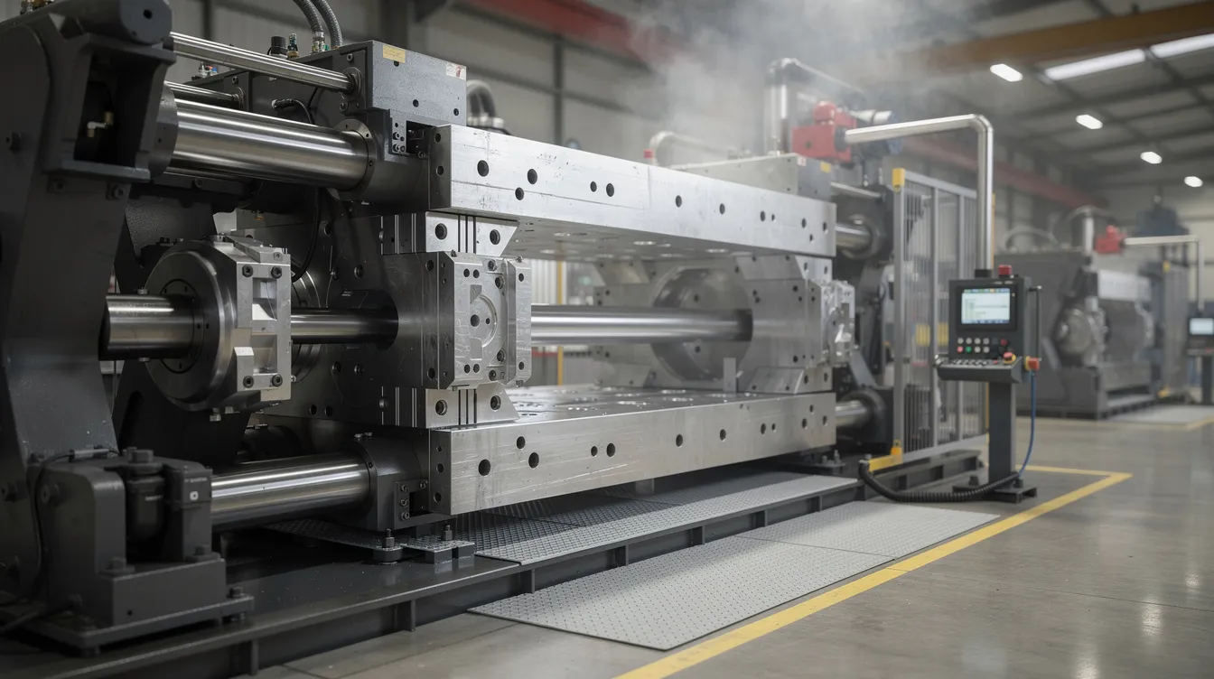 The image depicts a large industrial die casting machine with its platens firmly closing on an aluminum die tool, ready for the die casting process. This setup is crucial for ensuring the proper flow of molten metal into the die cavity, aiming for high casting quality and minimal defects during production.