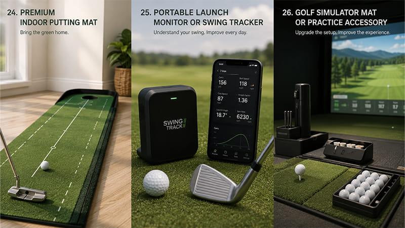 Golf practice gift ideas showing an indoor putting mat, portable launch monitor, swing tracker, and golf simulator practice setup