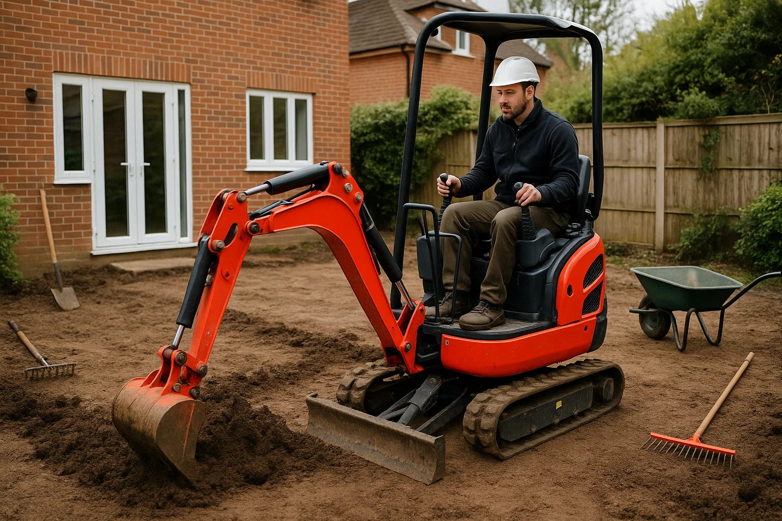 Landscaper preparing garden foundations with a mini digger for patio installation.