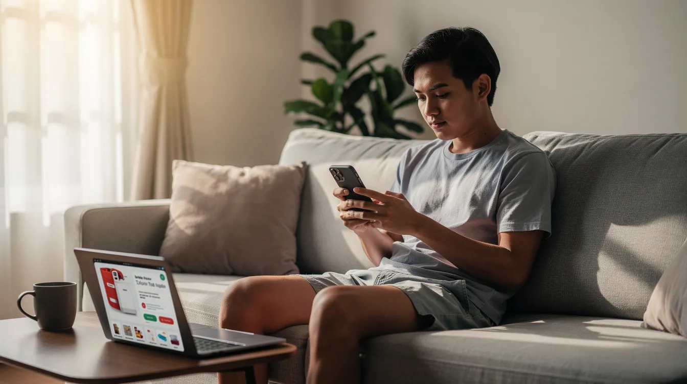 A young Filipino shopper sits comfortably on a couch at home, using a smartphone to check out an online order, showcasing the convenience of digital payments and mobile wallet apps in today's digital economy. The scene highlights the growing trend of cashless payments and online shopping in the Philippines.