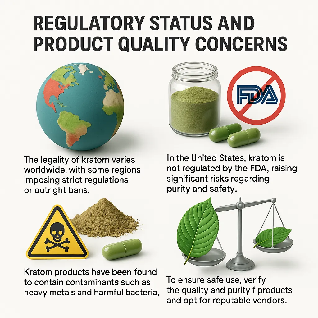 The Benefits and Risks of Microdosing Kratom for Anxiety and Clarity 9 A visual breakdown of kratom’s regulatory status and product quality concerns, showing unregulated markets, FDA risks, and contamination issues.