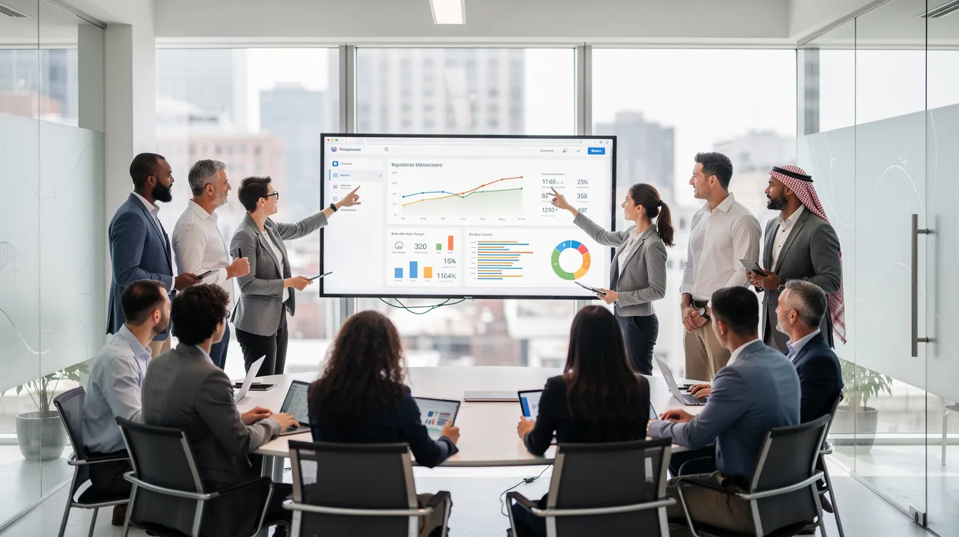 The image depicts a diverse team of professionals gathered in a modern office, intently reviewing data displayed on a large screen. They are engaged in discussions that reflect their commitment to developing talent and enhancing workforce readiness in the context of cybersecurity skills and ongoing training.
