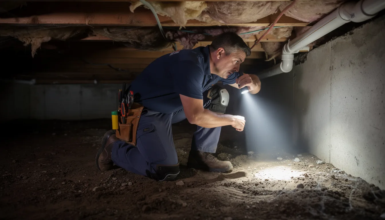 A technician in work clothes is inspecting a crawlspace with a flashlight, ensuring proper ventilation to improve overall air quality and prevent mold growth. The dimly lit area reveals signs of moisture and potential indoor air pollution, highlighting the importance of air quality indicators in maintaining a clean and healthy environment.
