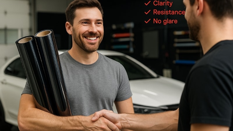 A man purchasing windshield protection films having qualities such as clarity, resistance, and no glare.