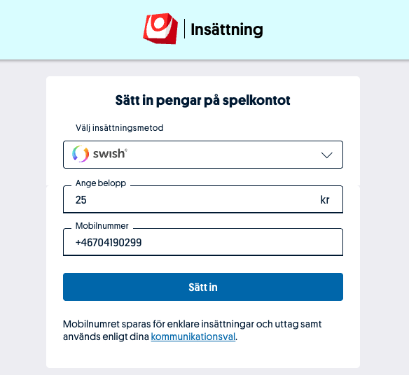 Insättning till spelkonto hos Svenska Spel Sport & Casino där spelare kan sätta in pengar via Swish. Ange belopp och mobilnummer för att spela på Oddset online, 18 år gäller och spelstopp finns via Spelkoll.