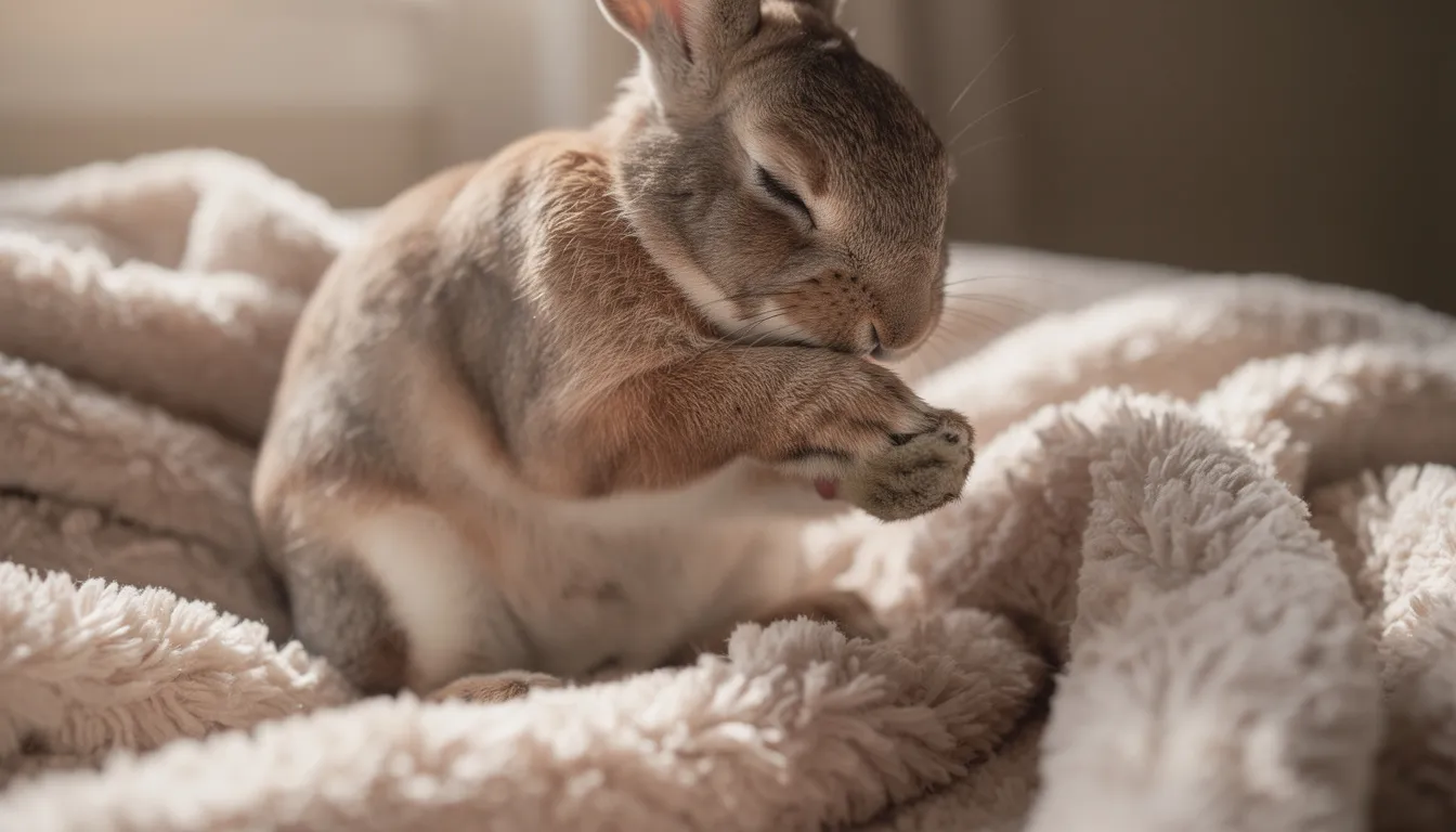 A relaxed male rabbit sits on a soft blanket, grooming itself with its front paws while its back legs are tucked comfortably beneath its body. This calm behavior is a sign that the bunny feels safe and content in its environment.