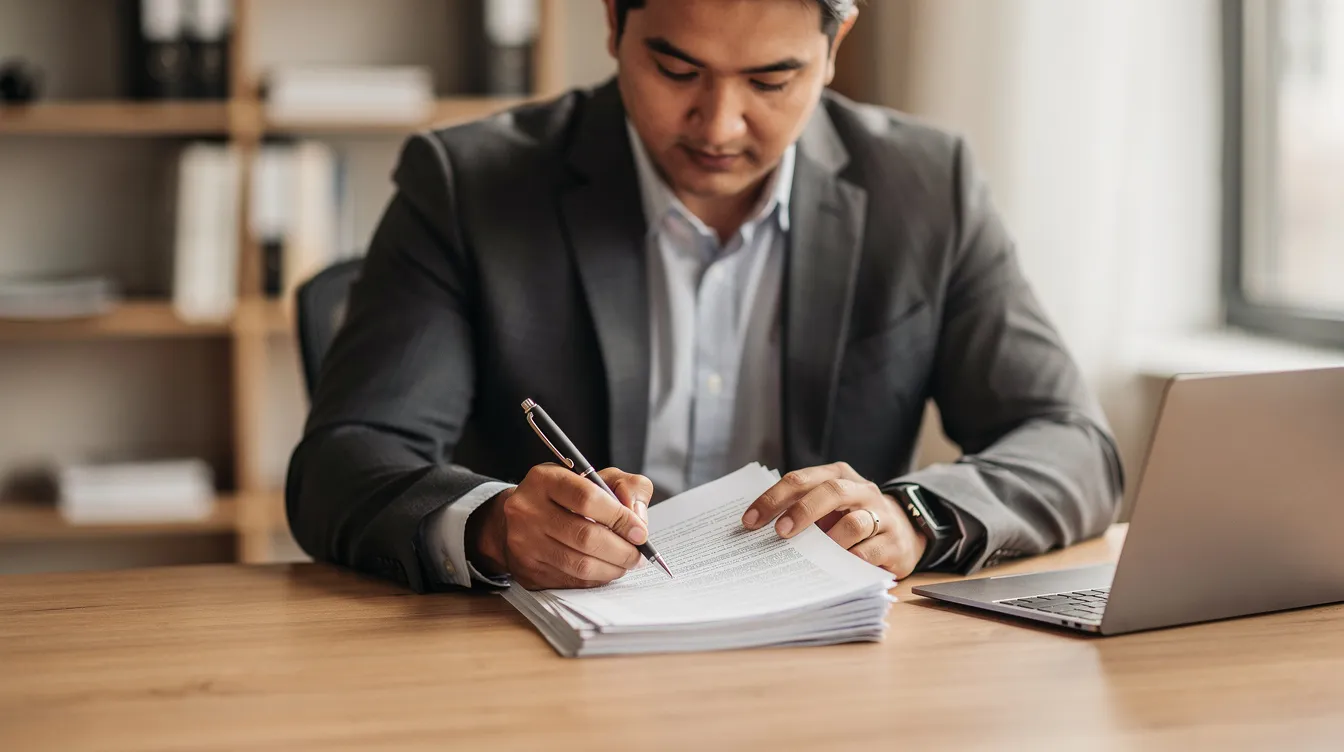 A person is sitting at a desk, intently reading through documents with a pen in hand, likely reviewing important information related to business loans or financial assistance. The scene suggests a focus on understanding terms and conditions, possibly in the context of pradhan mantri mudra loans or assessing eligibility for funding.