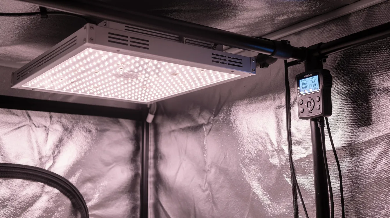 The image features a modern LED grow light fixture with a digital controller, securely mounted on the frame of a grow tent. This energy-efficient indoor grow light is designed to deliver full spectrum light and high intensity, promoting healthier plants from seed to harvest in a compact grow space.