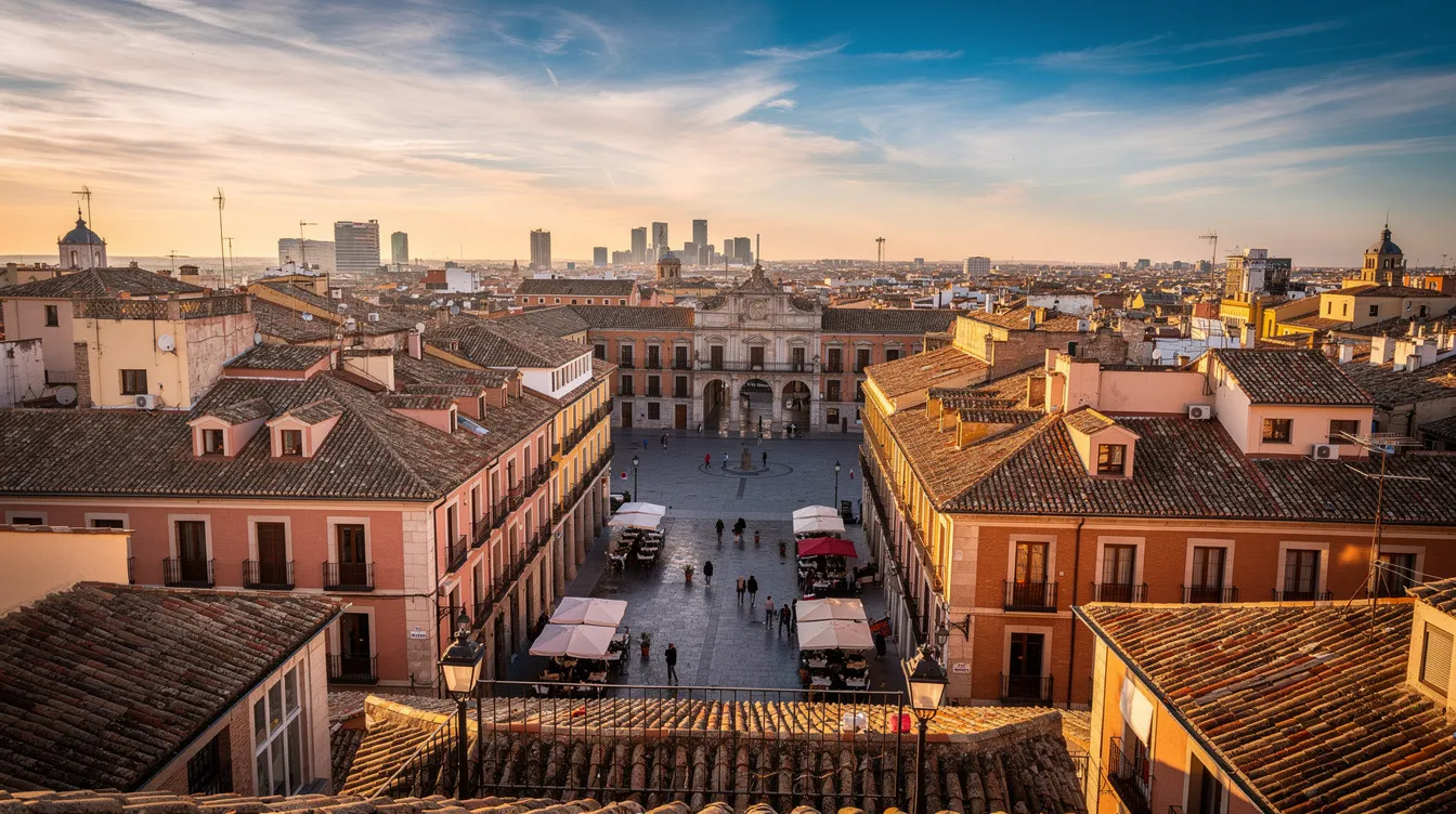 A imagem retrata uma vista deslumbrante de Madrid, Espanha, destacando o centro histórico da cidade com seus monumentos impressionantes, como o teatro romano e a ponte romana. O cenário é complementado por ruas vibrantes e pessoas desfrutando do ambiente cultural e histórico da capital.