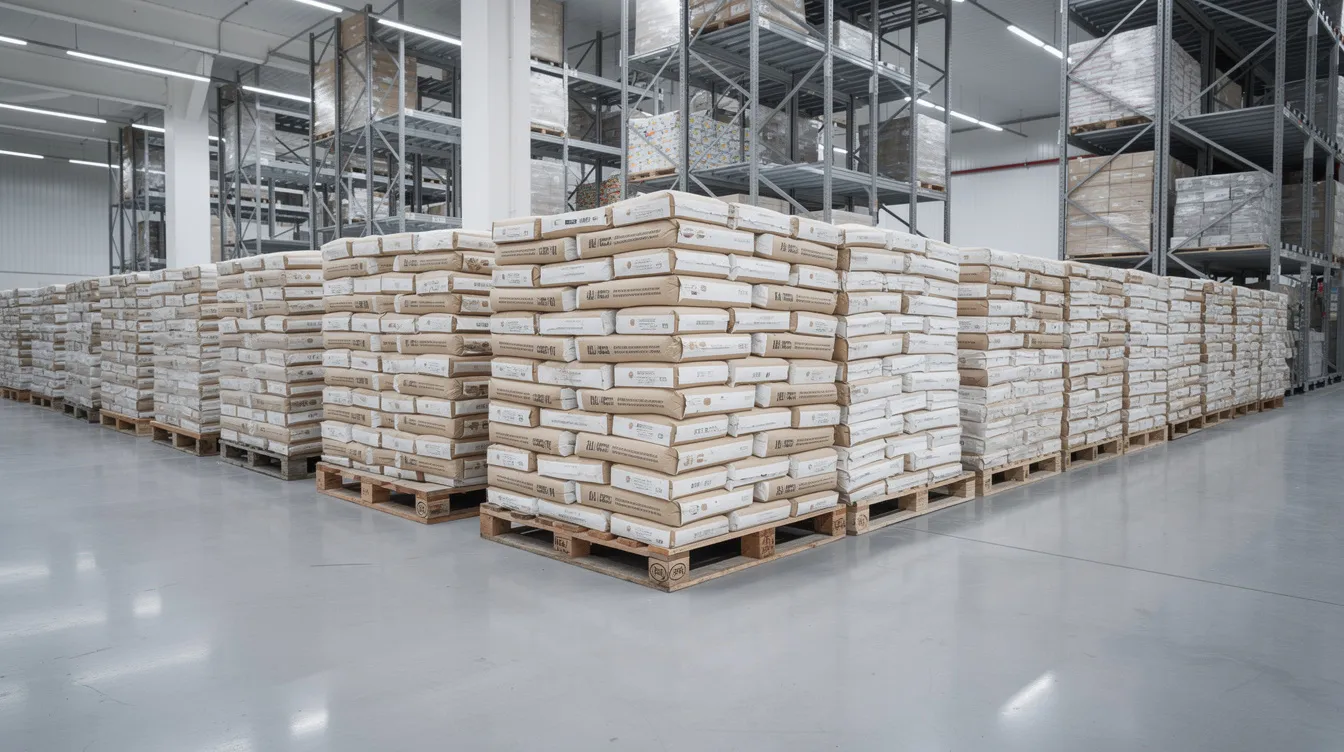 The image depicts stacked industrial bags of milk powder, including whole and skim milk powder, neatly arranged on pallets inside a clean warehouse. This setting reflects the organized storage typical of a milk powder manufacturing plant, emphasizing the efficient handling of dairy products.