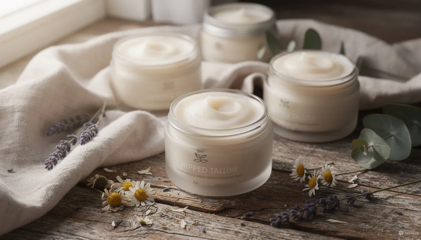A collection of jars filled with whipped tallow balm sits on a rustic wooden surface, accompanied by a soft linen cloth and delicate dried botanicals. This nourishing tallow skincare product is ideal for sensitive skin, providing effective relief from dryness and skin irritations, making it a great choice for the whole family.