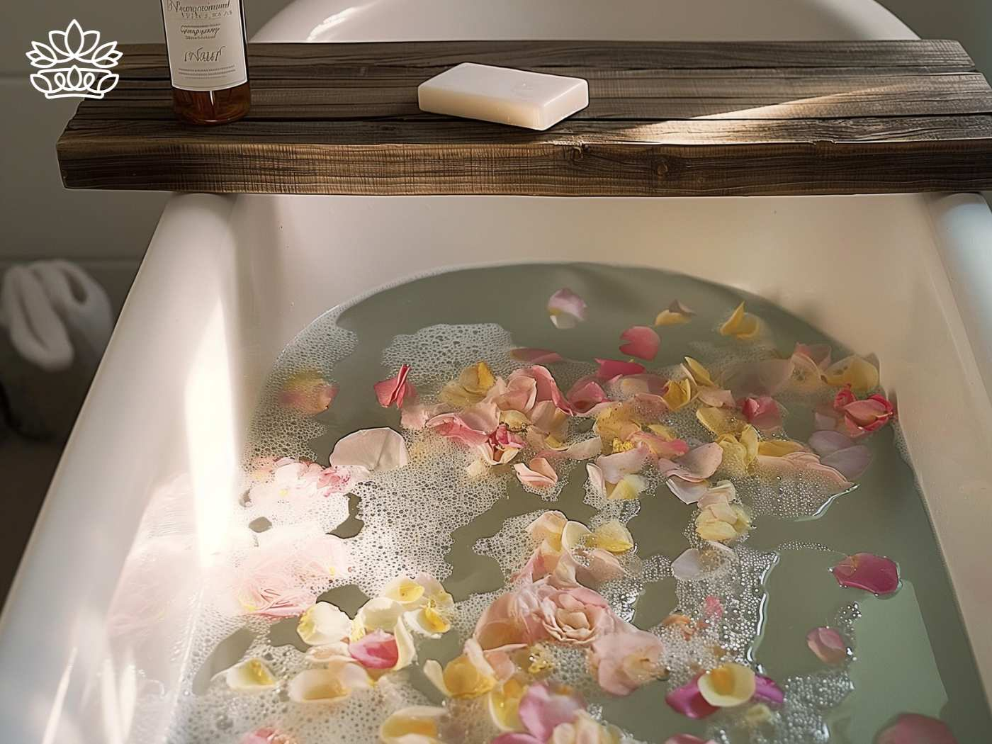 Relaxing bath time ambiance with floating pink and yellow rose petals in a clawfoot tub, accompanied by a wooden bath caddy with soap and bottled products, available from Fabulous Flowers and Gifts.
