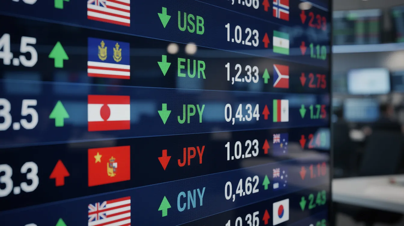 The image displays a digital screen showcasing various currency exchange rates alongside multiple international flags, symbolizing the global nature of international transfers. This visual represents the process of sending money online across different countries, highlighting the importance of exchange rates and security in financial transactions.