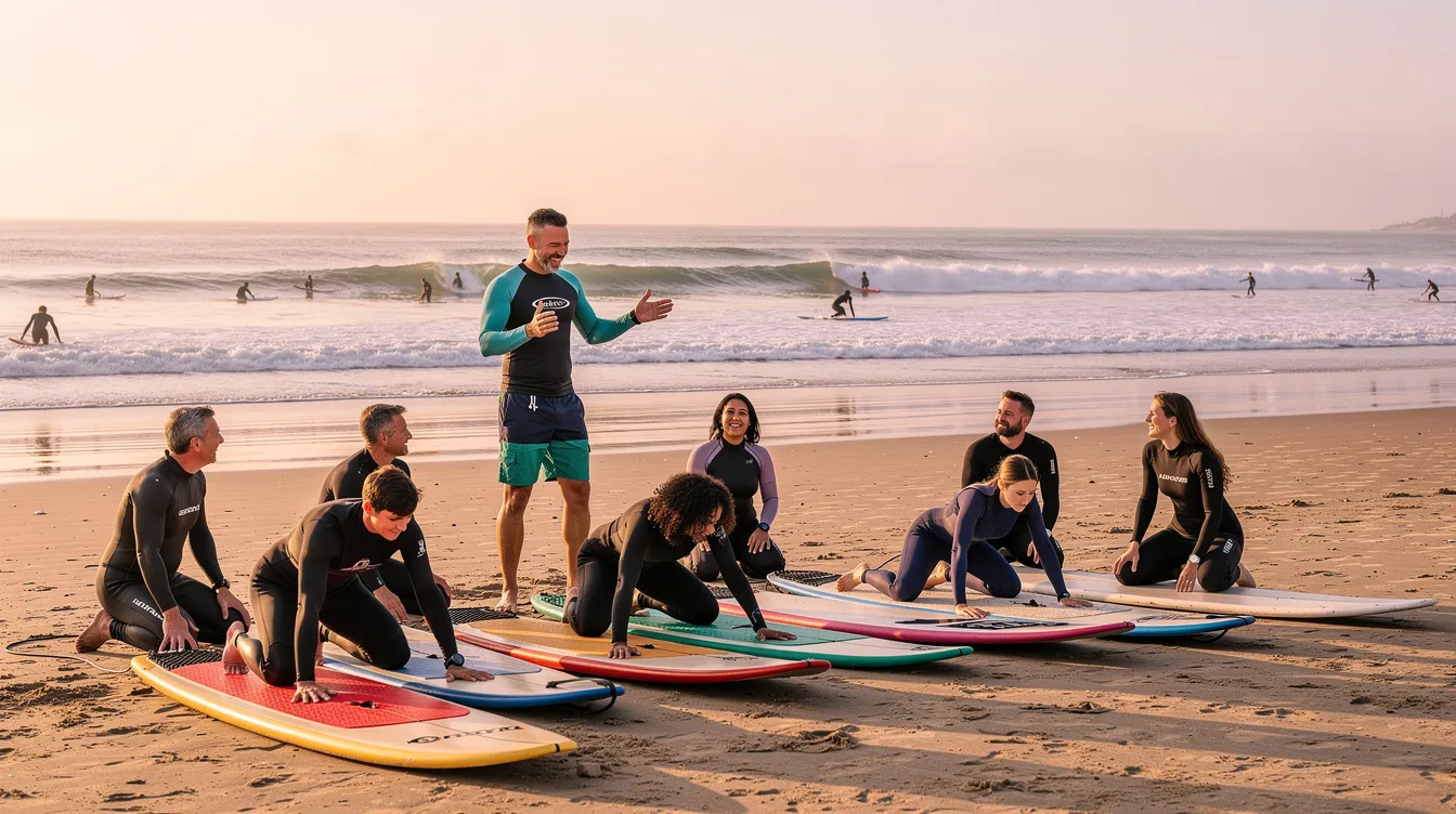 A surf instructor is guiding a group of beginner surfers on a sandy beach, where gentle waves are breaking softly. The scene captures the relaxed atmosphere of Morocco's surf scene, perfect for those looking to enjoy their next surf trip amidst the stunning backdrop of the Atlantic Ocean.