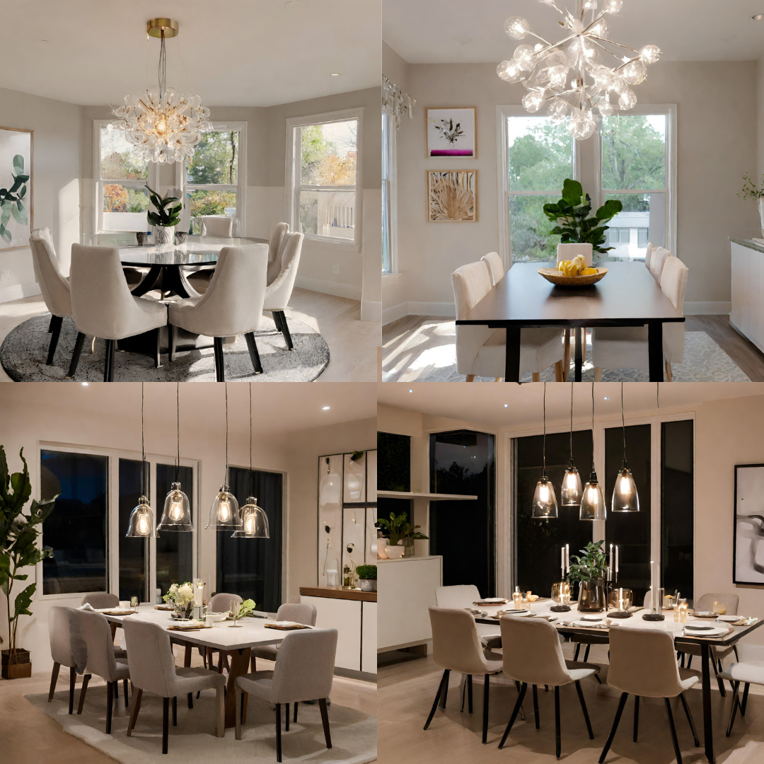 A collage of 4 images showing pendant and chandelier lights installed in various dining room settings.