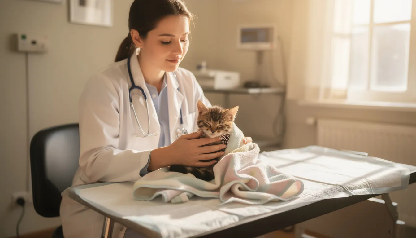 The image shows a veterinarian gently examining a kitten, highlighting the care given to these young feline friends. The scene emphasizes the healing properties of a cat's purr, which may help reduce stress and pain as the kitten grows.