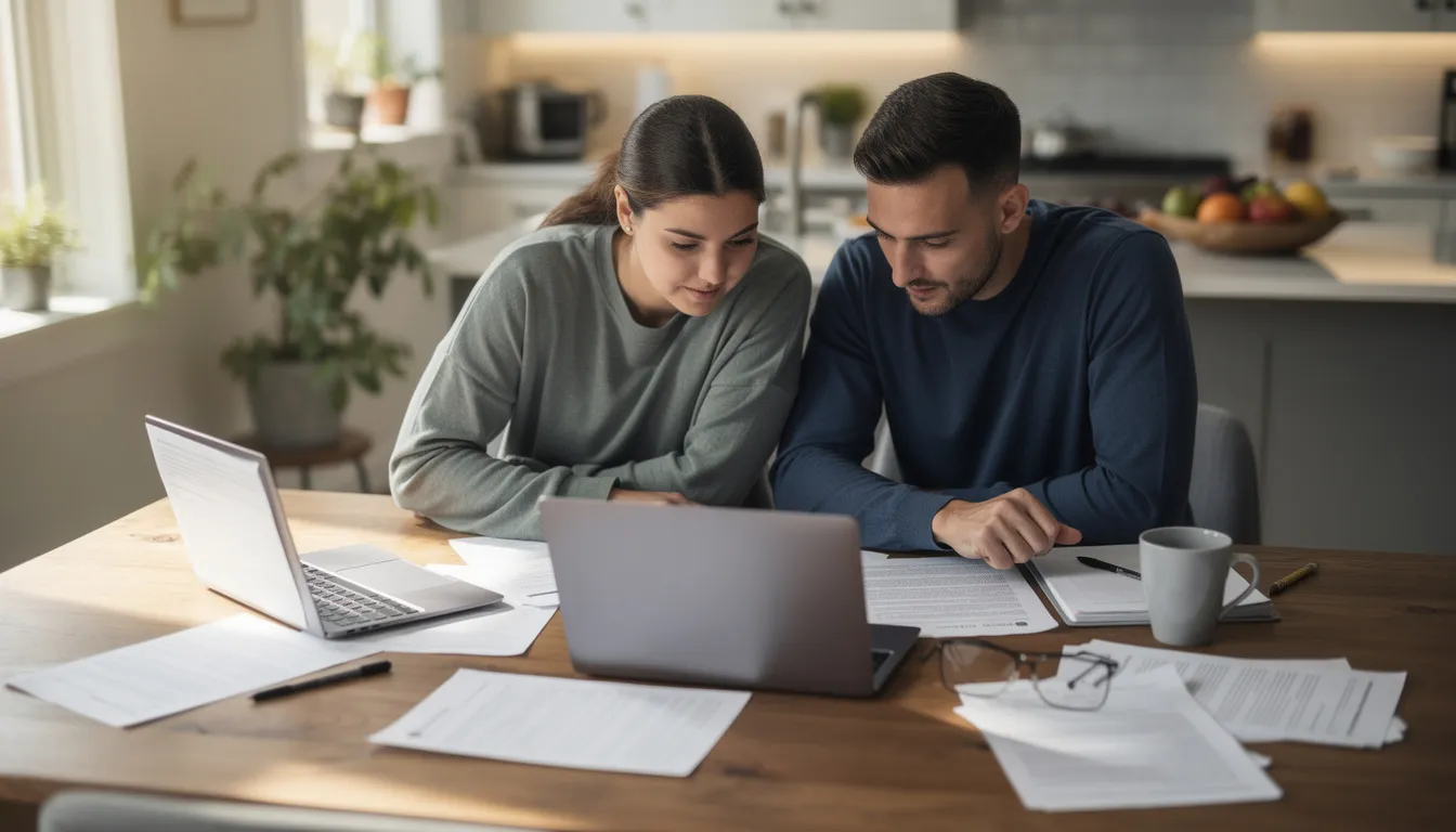 A couple is seated at a kitchen table, collaboratively reviewing divorce papers and documents on a laptop, suggesting they are engaged in the divorce process, possibly exploring online divorce services for an uncontested divorce. The atmosphere is focused and organized, with various papers spread out, indicating a thorough review of the required divorce documents.
